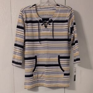 Striped Lace-Up Tunic Top in Navy, White & Yellow